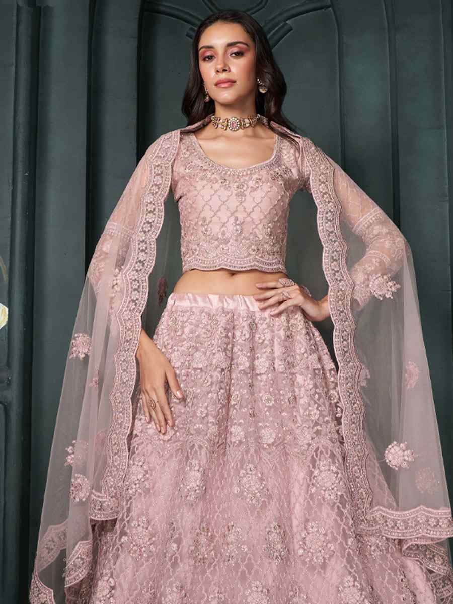 Dusty Pink Net Embroidered Wedding Festival Heavy Border Lehenga Choli