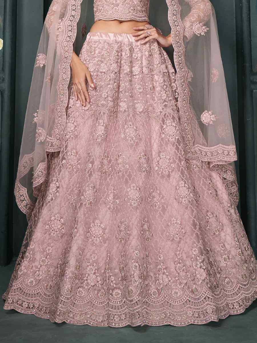 Dusty Pink Net Embroidered Wedding Festival Heavy Border Lehenga Choli