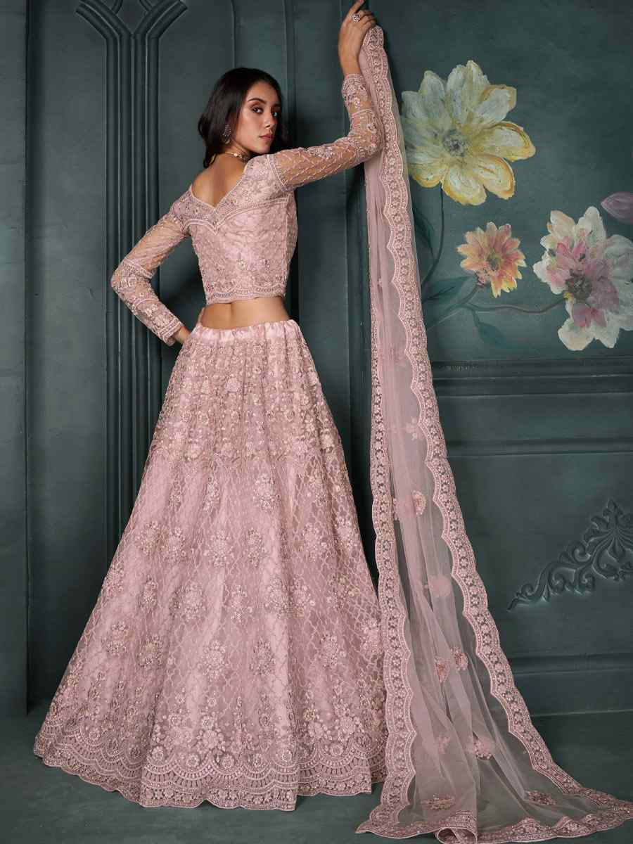 Dusty Pink Net Embroidered Wedding Festival Heavy Border Lehenga Choli