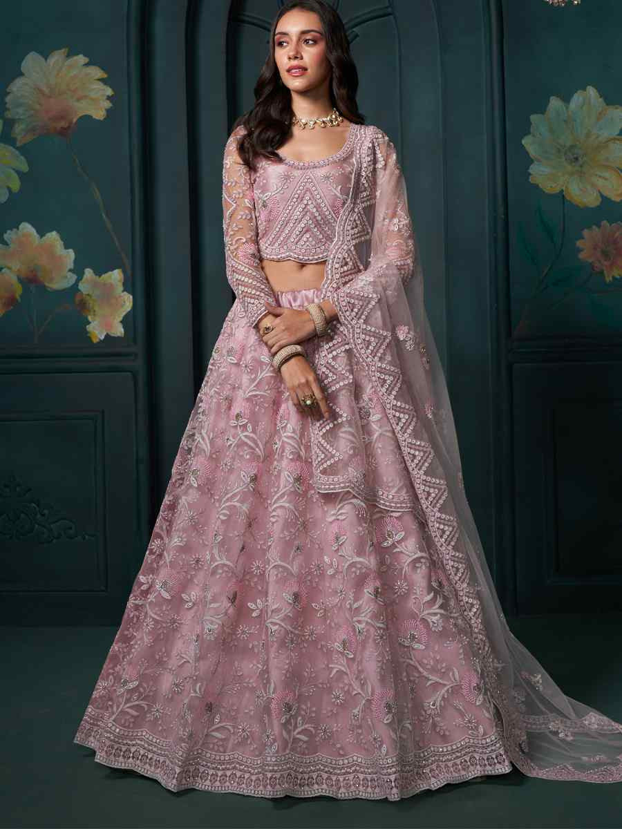 Dusty Pink Net Embroidered Wedding Festival Heavy Border Lehenga Choli