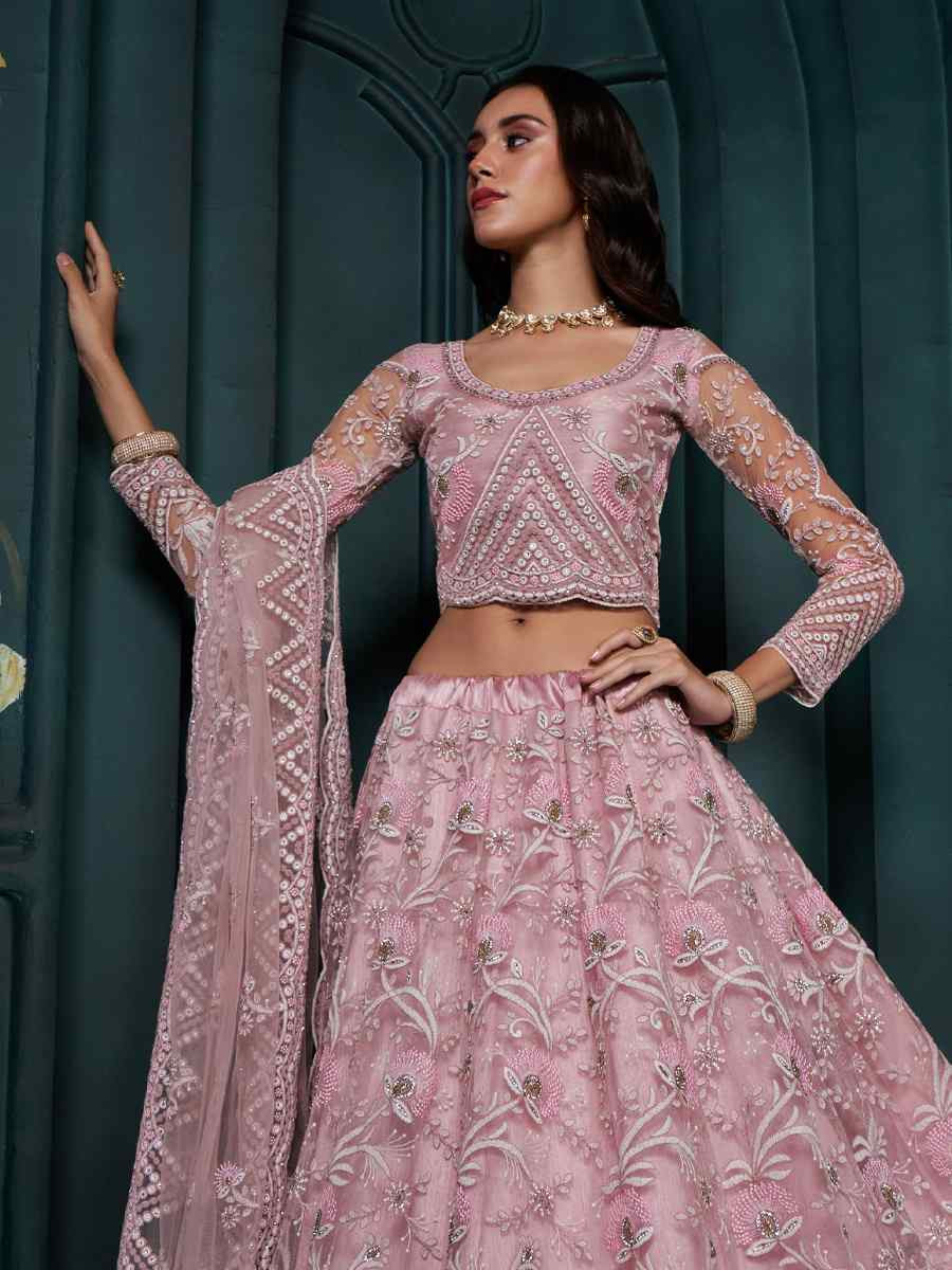 Dusty Pink Net Embroidered Wedding Festival Heavy Border Lehenga Choli