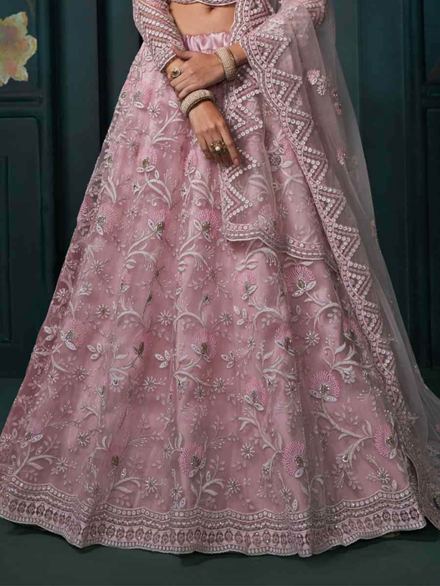 Dusty Pink Net Embroidered Wedding Festival Heavy Border Lehenga Choli