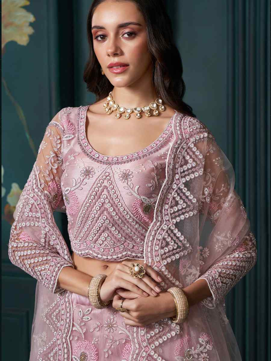 Dusty Pink Net Embroidered Wedding Festival Heavy Border Lehenga Choli