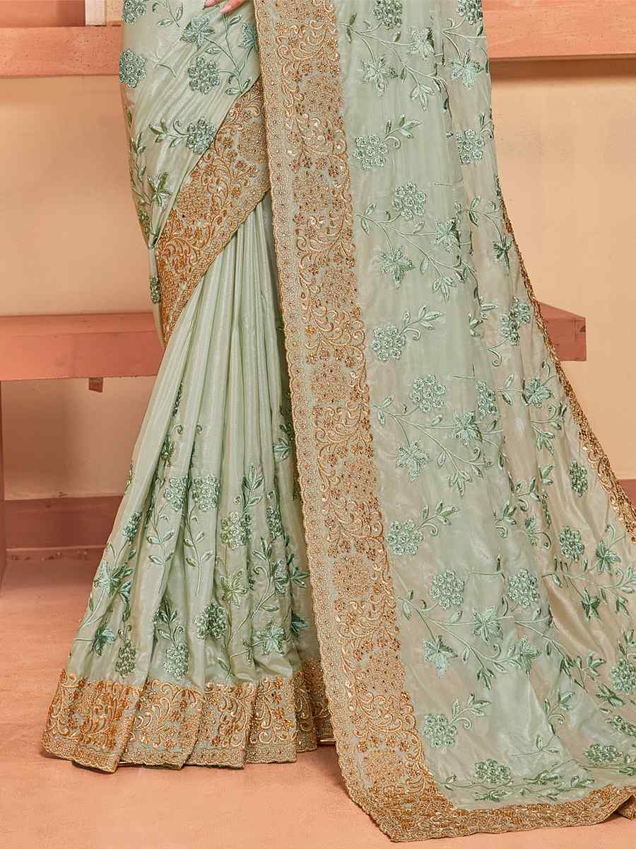 Dusty Pista Crepe Silk Embroidered Wedding Party Heavy Border Saree