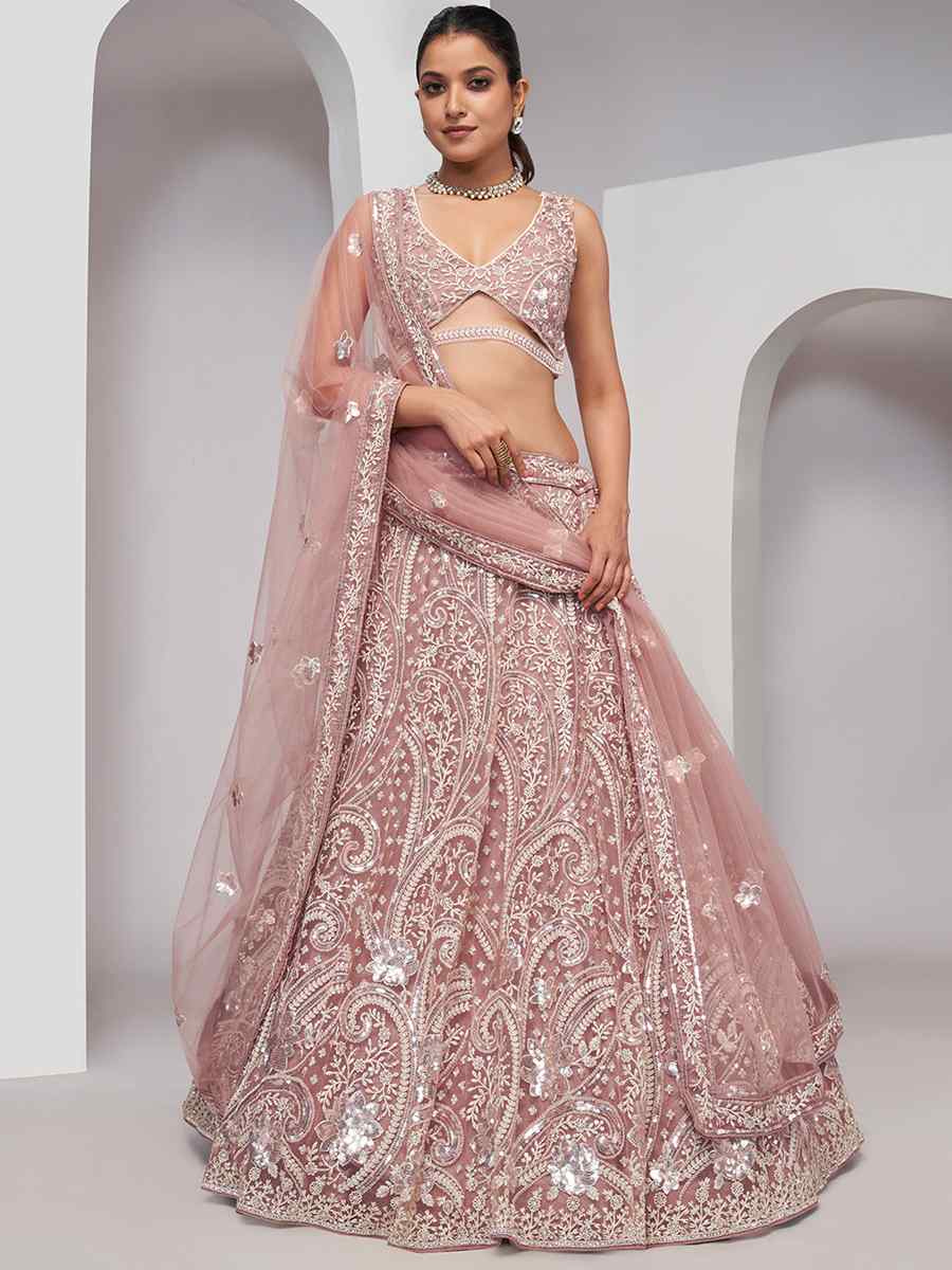 Dusty Rose Soft Net Embroidery Bridesmaid Wedding Heavy Border Lehenga Choli