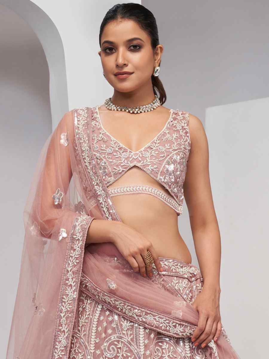 Dusty Rose Soft Net Embroidery Bridesmaid Wedding Heavy Border Lehenga Choli