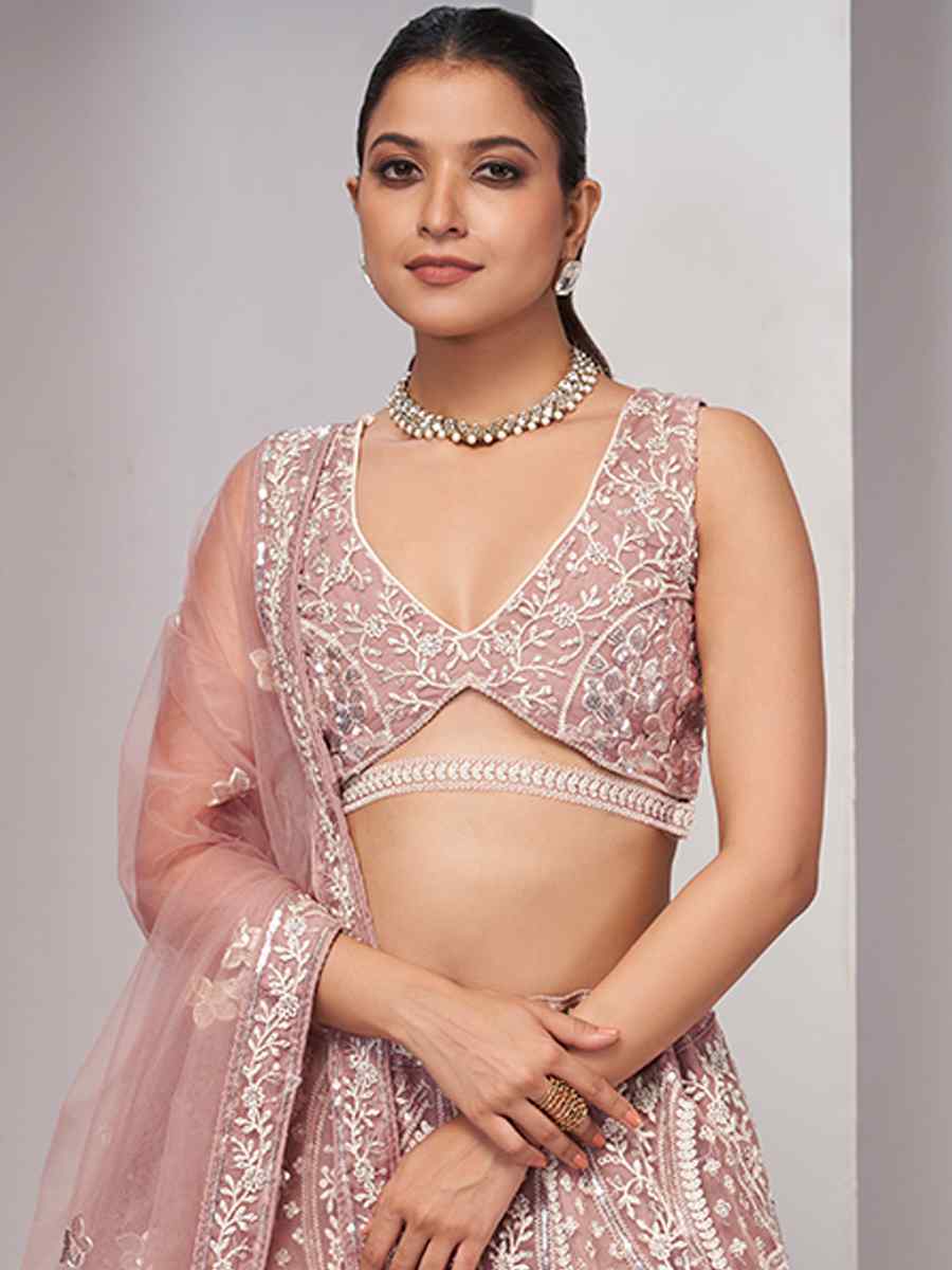 Dusty Rose Soft Net Embroidery Bridesmaid Wedding Heavy Border Lehenga Choli