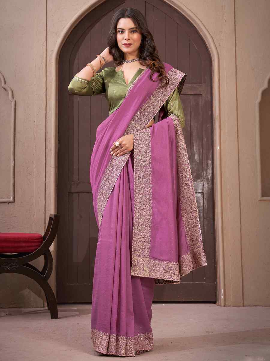 Dusty Vichitra Embroidered Wedding Party Heavy Border Saree