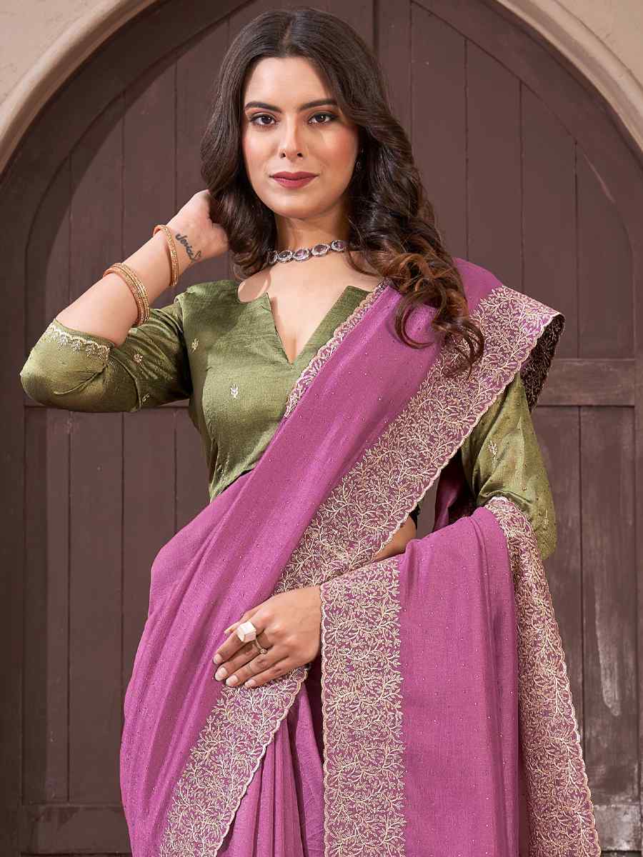 Dusty Vichitra Embroidered Wedding Party Heavy Border Saree