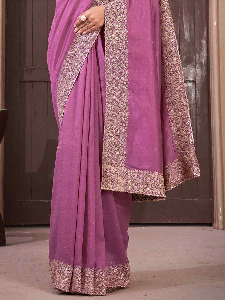 Dusty Vichitra Embroidered Wedding Party Heavy Border Saree