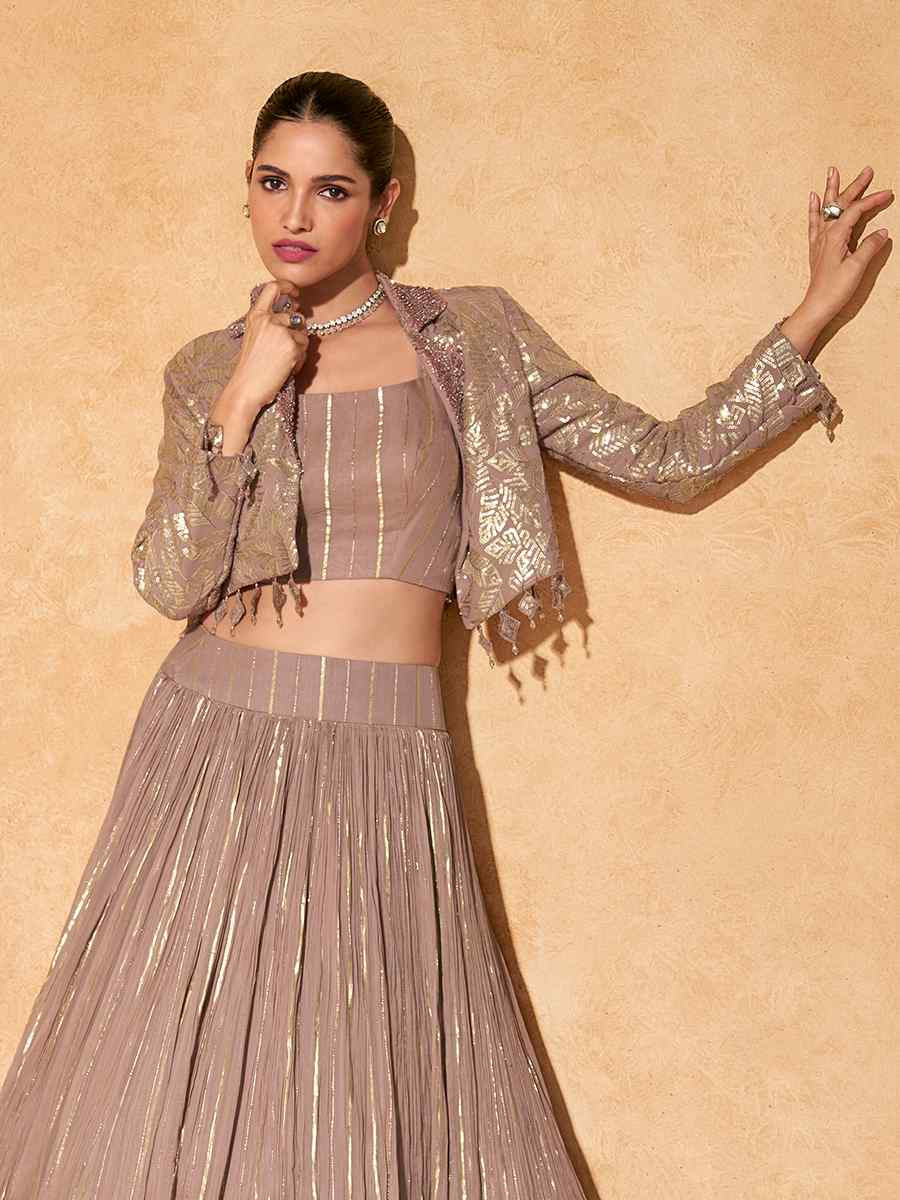 Dusty Viscos Jacquard Embroidered Reception Wedding Lehenga Choli With Jacket