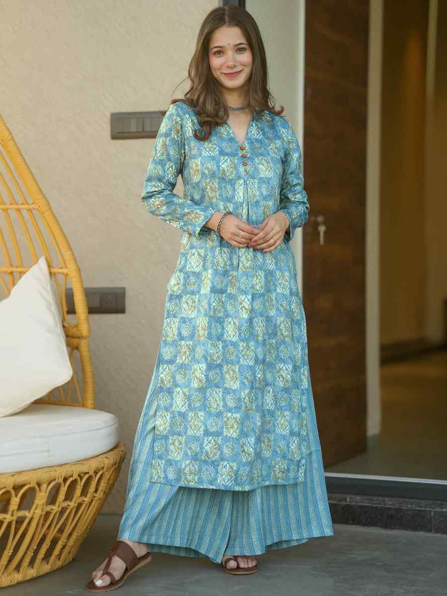 Elecric Blue Pure Maslin Printed Festival Casual Kurti With Bottom