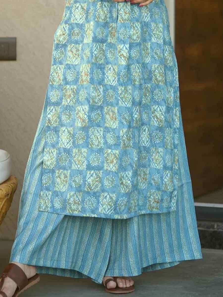 Elecric Blue Pure Maslin Printed Festival Casual Kurti With Bottom