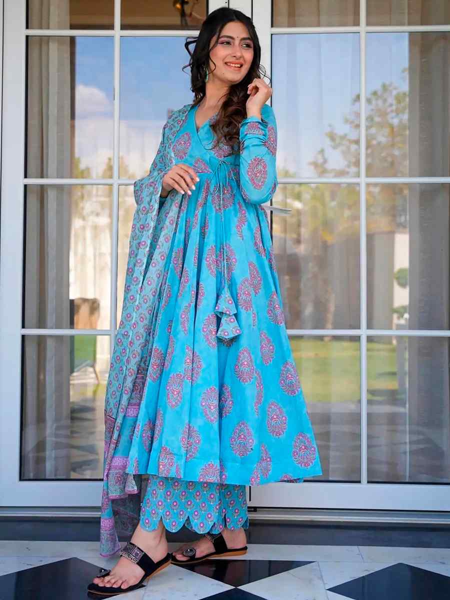 Electric Blue Pure Maslin�Printed Casual Festival Anarkali Salwar Kameez