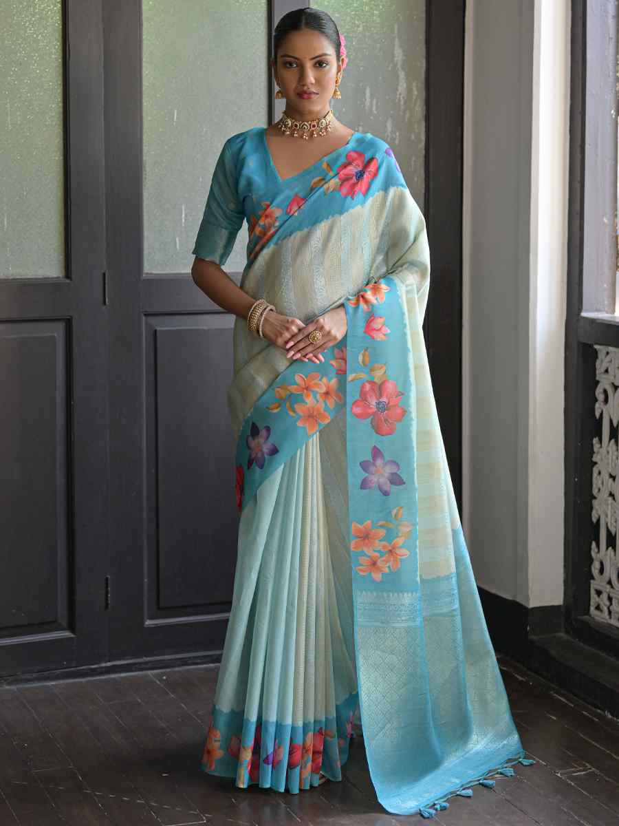 Firozi Banarasi Silk Printed Festival Casual Contemporary Saree