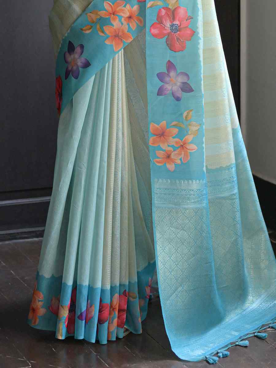 Firozi Banarasi Silk Printed Festival Casual Contemporary Saree