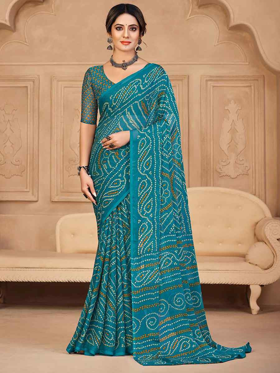 Firozi Chiffon Printed Festival Casual Contemporary Saree