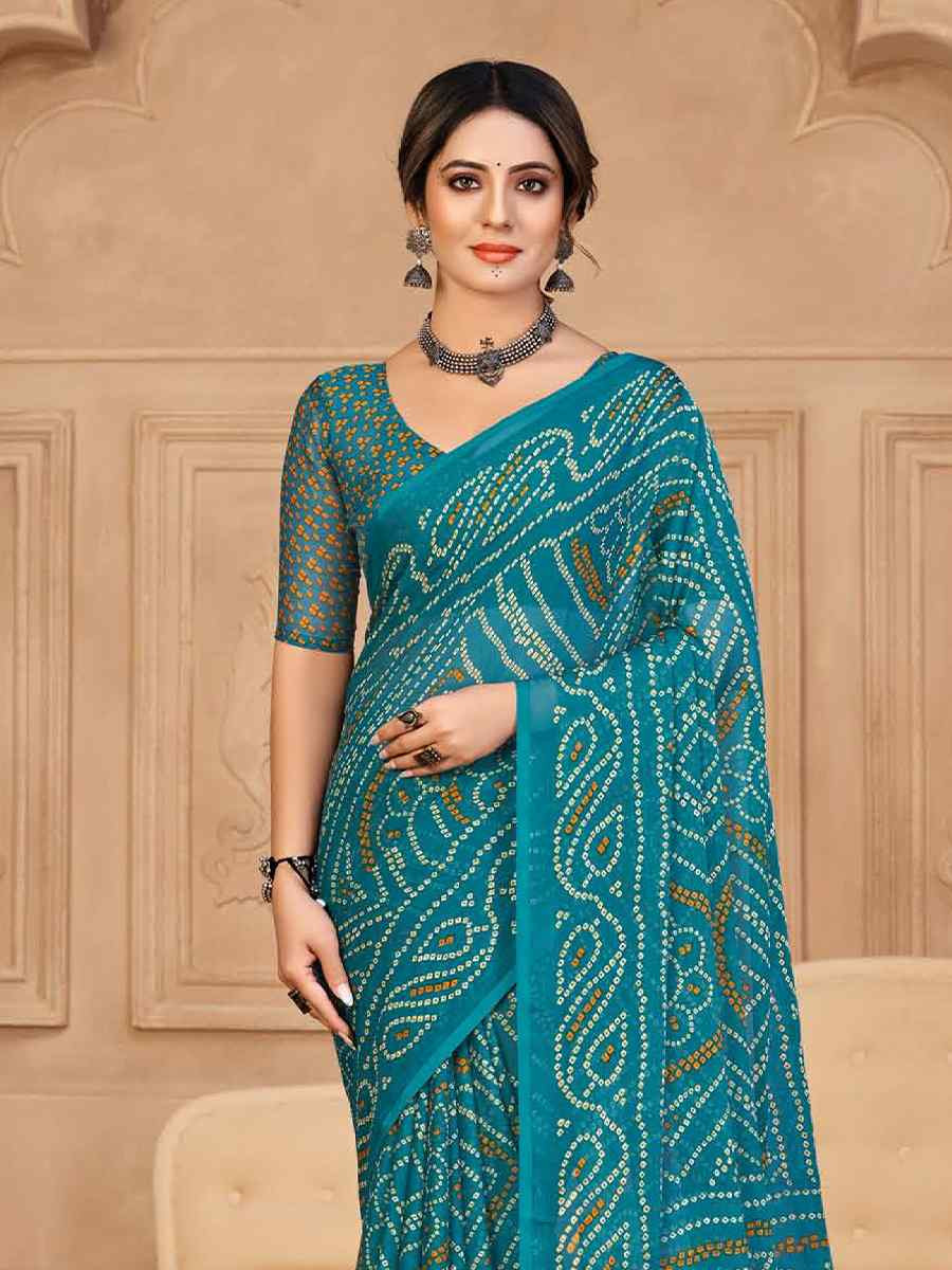 Firozi Chiffon Printed Festival Casual Contemporary Saree