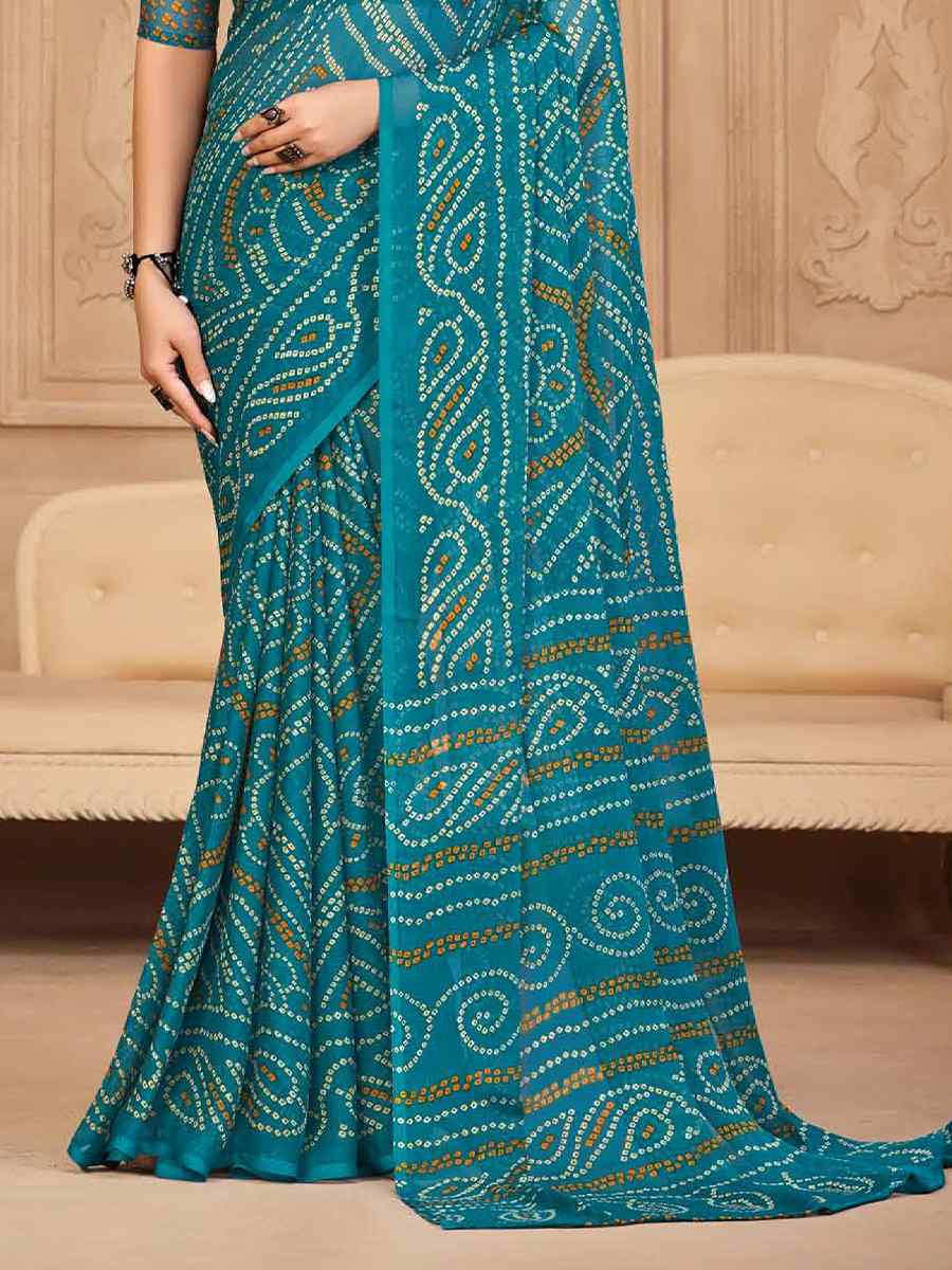 Firozi Chiffon Printed Festival Casual Contemporary Saree