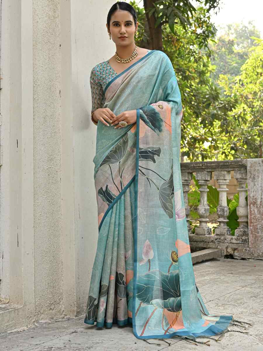 Firozi Cotton Silk Printed Festival Casual Contemporary Saree