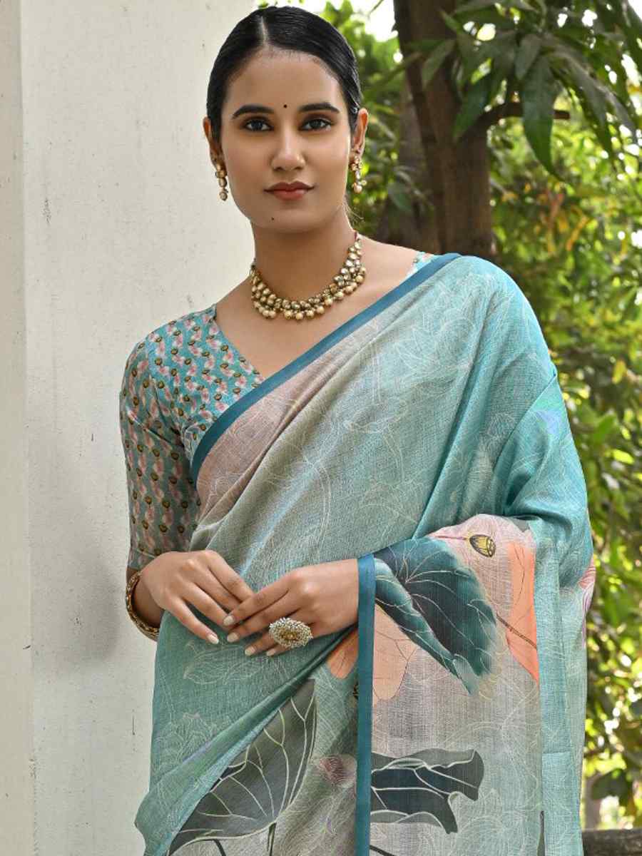 Firozi Cotton Silk Printed Festival Casual Contemporary Saree