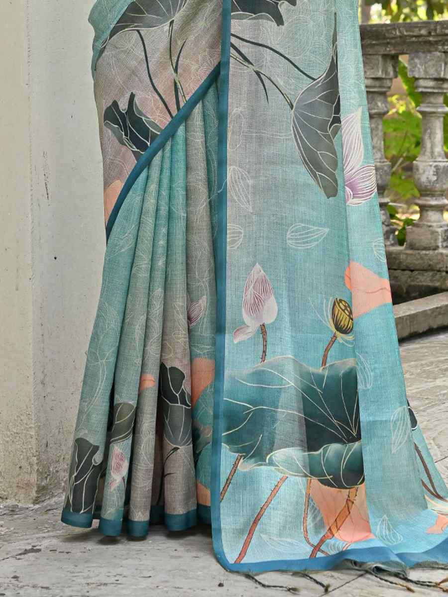 Firozi Cotton Silk Printed Festival Casual Contemporary Saree