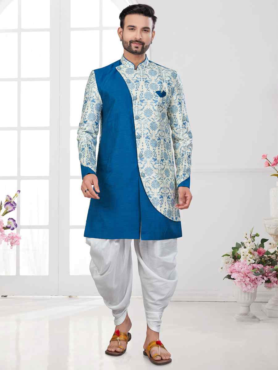 Firozi Cream Silk Dupion Embroidered Festival Wedding Sherwani