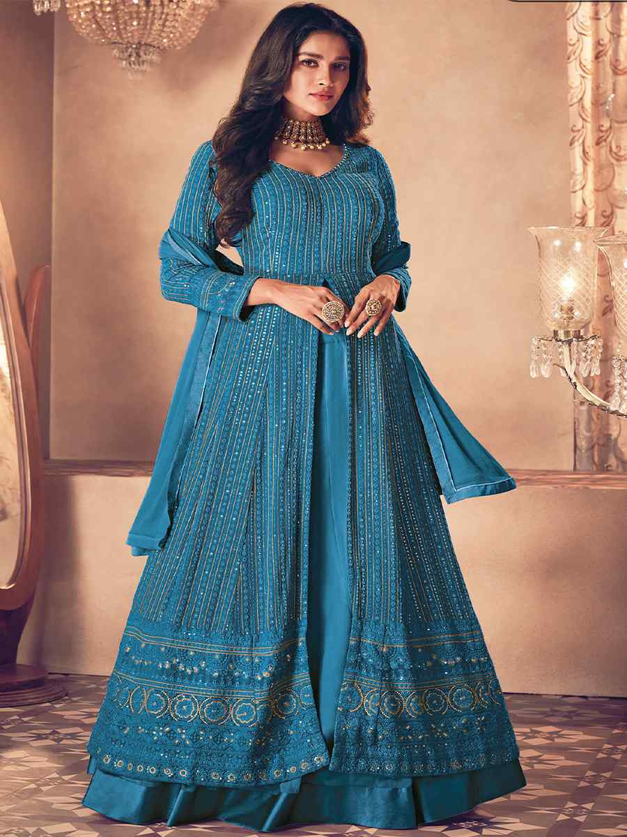 Firozi Heavy Faux Georgette Embroidered Festival Wedding Anarkali Salwar Kameez