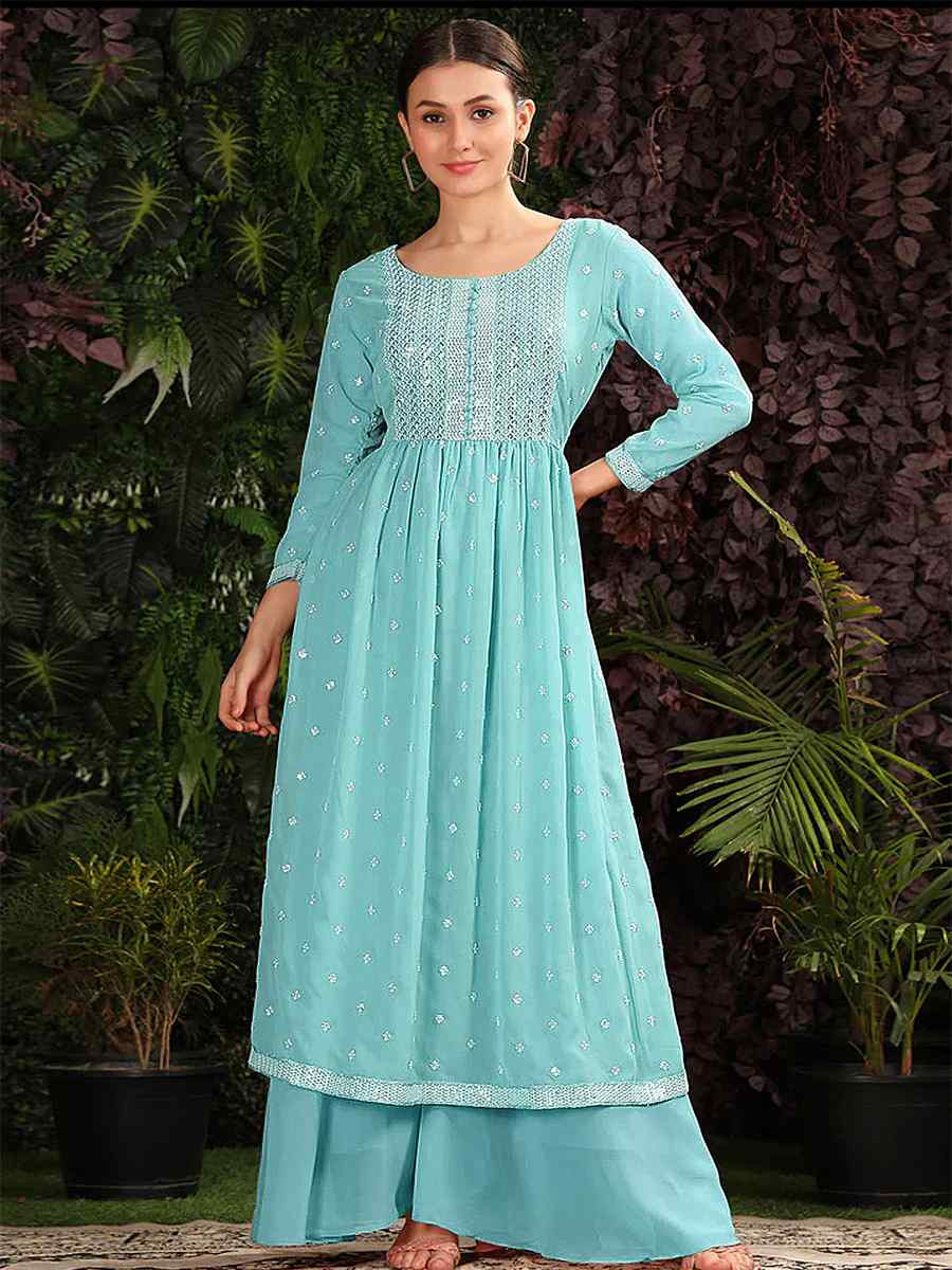 Firozi Heavy Georgette Embroidered Festival Casual Ready Anarkali Salwar Kameez