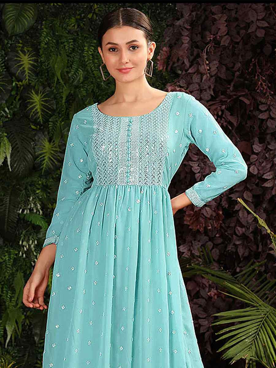 Firozi Heavy Georgette Embroidered Festival Casual Ready Anarkali Salwar Kameez