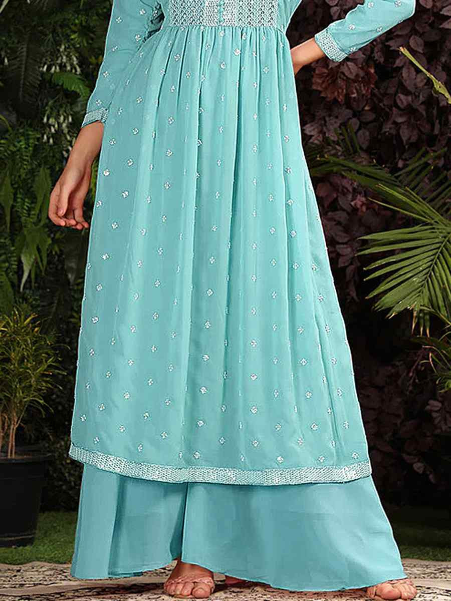 Firozi Heavy Georgette Embroidered Festival Casual Ready Anarkali Salwar Kameez