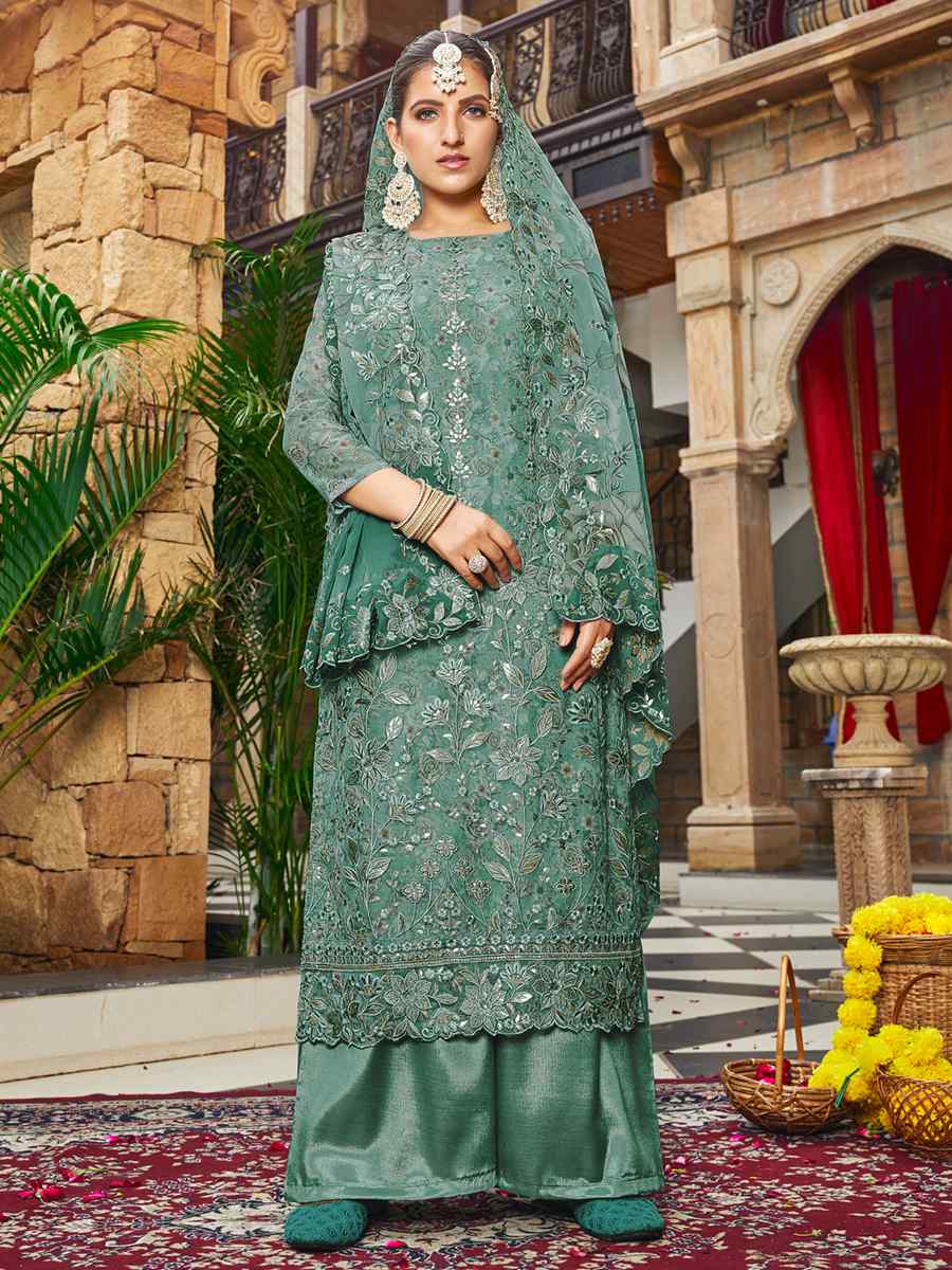 Firozi Heavy Georgette Embroidered Festival Wedding Palazzo Pant Salwar Kameez