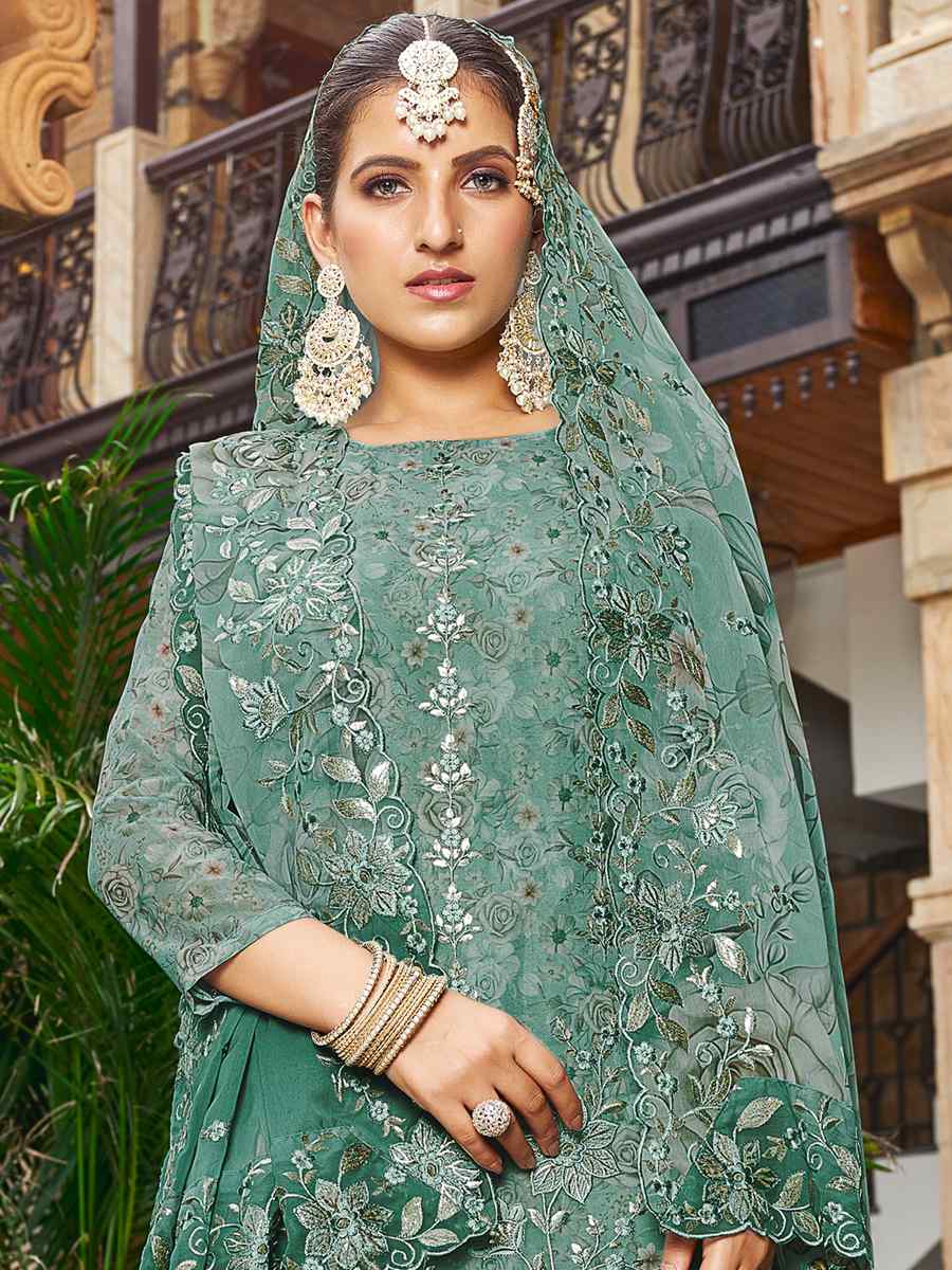 Firozi Heavy Georgette Embroidered Festival Wedding Palazzo Pant Salwar Kameez