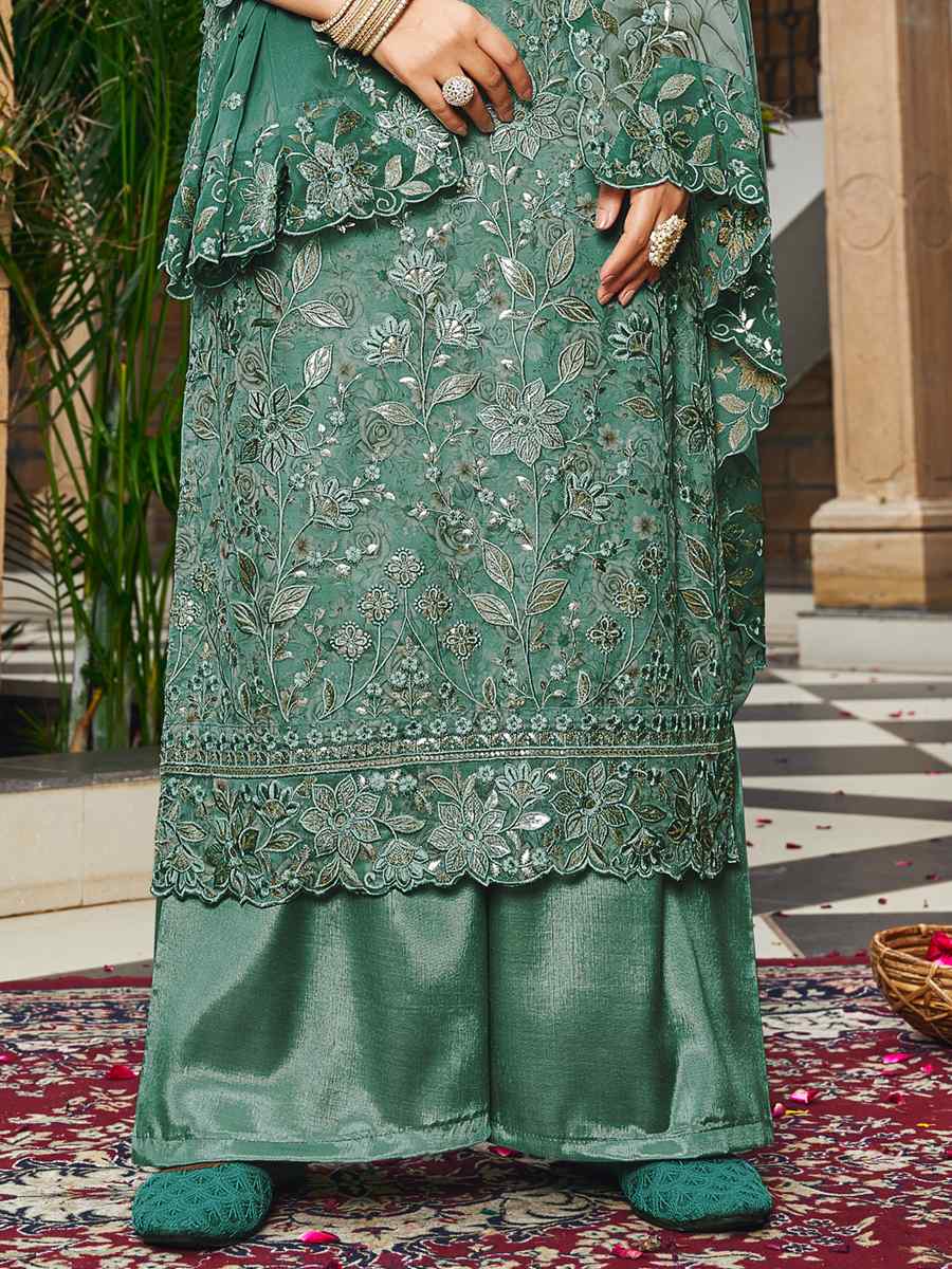 Firozi Heavy Georgette Embroidered Festival Wedding Palazzo Pant Salwar Kameez