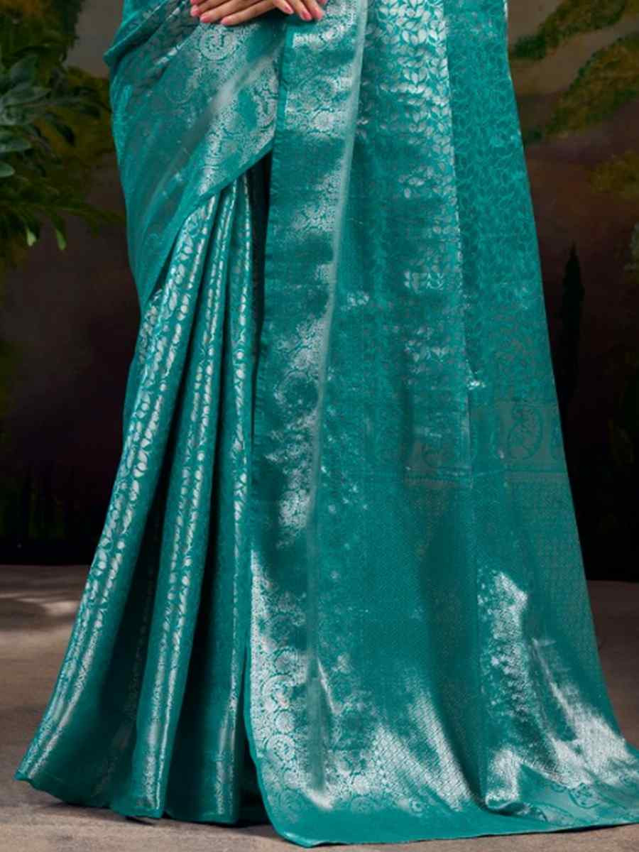 Firozi Kanjivaram Handwoven Festival Wedding Heavy Border Saree