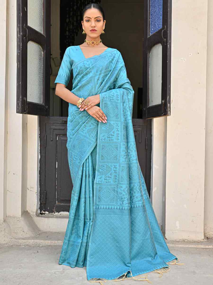 Firozi Kanjivaram Silk Handwoven Festival Casual Heavy Border Saree