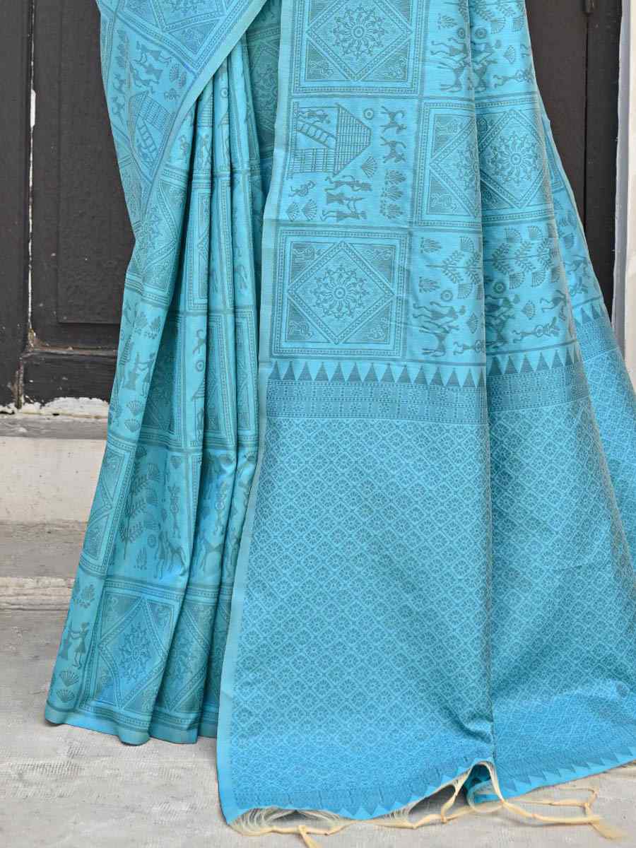 Firozi Kanjivaram Silk Handwoven Festival Casual Heavy Border Saree