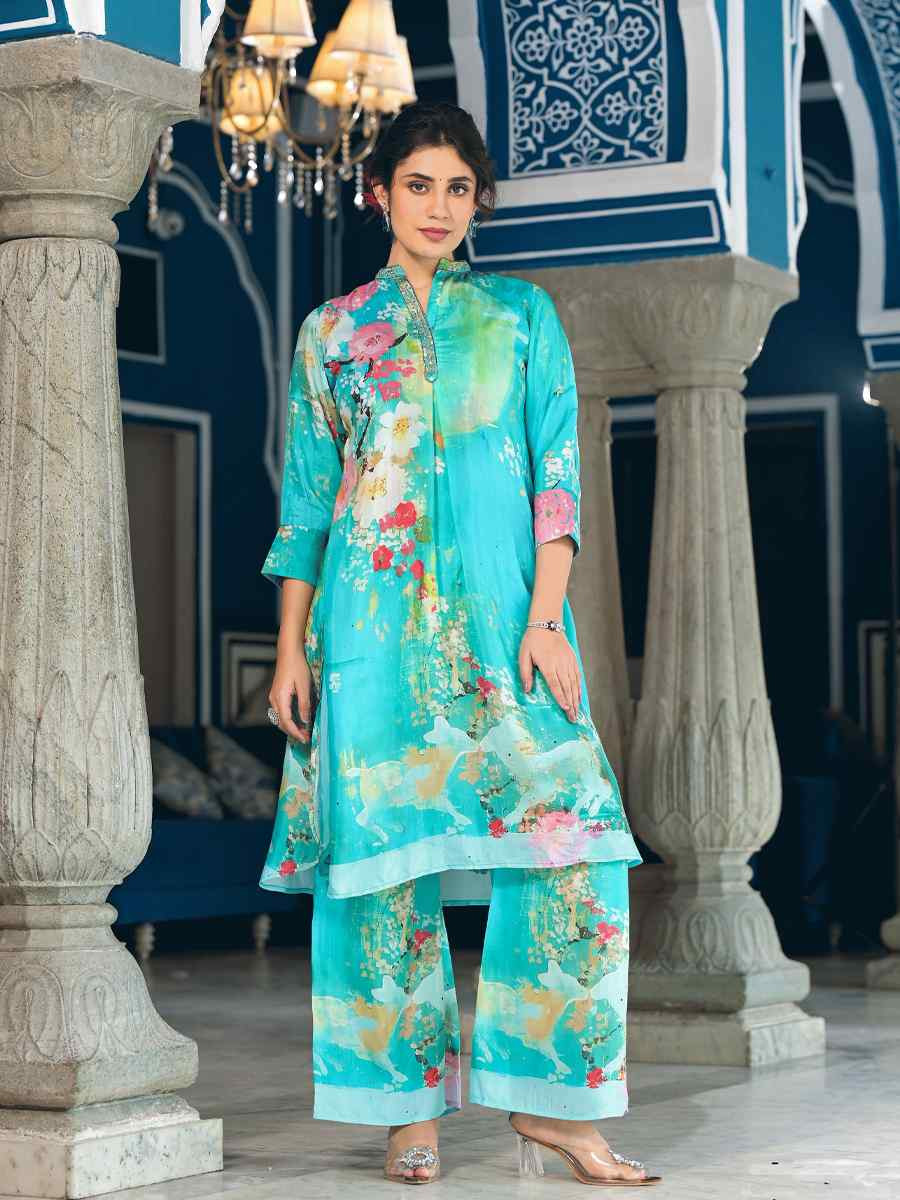 Firozi Pure Muslin Printed Festival Casual Kurti