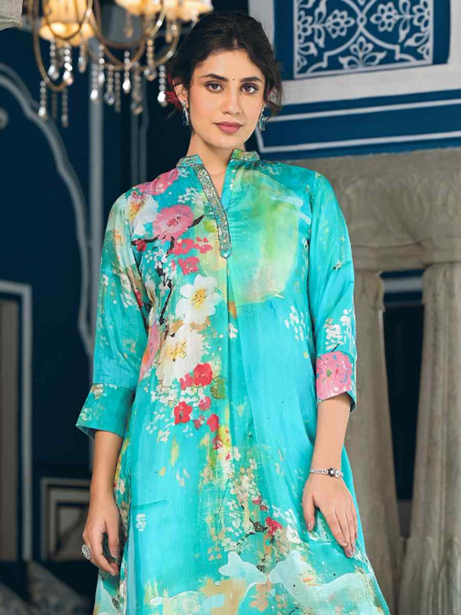 Firozi Pure Muslin Printed Festival Casual Kurti