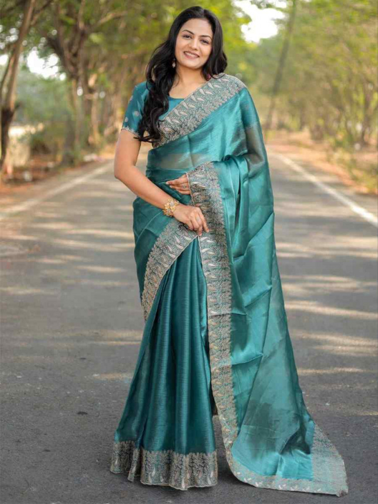 Firozi Pure Soft Burberry Silk Embroidered Festival Wedding Heavy Border Saree