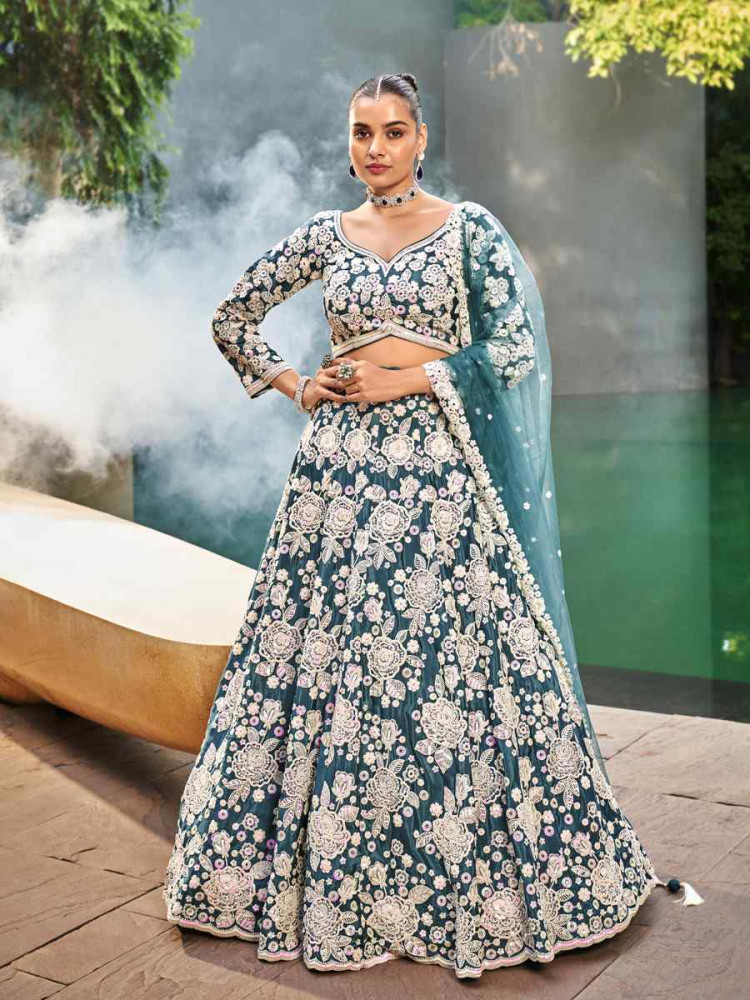 Firozi Satin Embroidered Festival Reception Circular Lehenga Choli