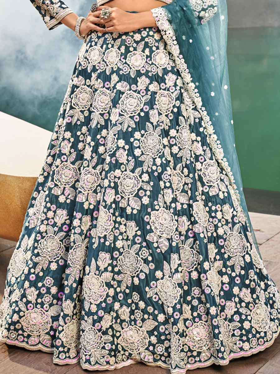 Firozi Satin Embroidered Festival Reception Circular Lehenga Choli