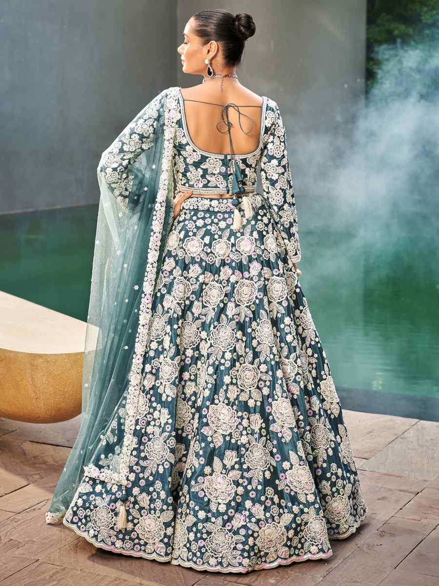 Firozi Satin Embroidered Festival Reception Circular Lehenga Choli