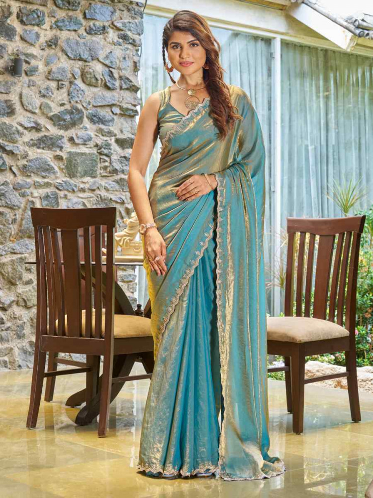 Firozi Silk  Handwoven Festival Wedding Heavy Border Saree