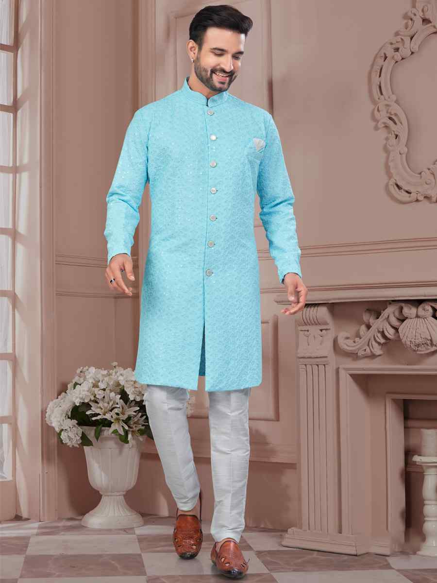 Firozi Silk Dupion Embroidered Festival Wedding Sherwani