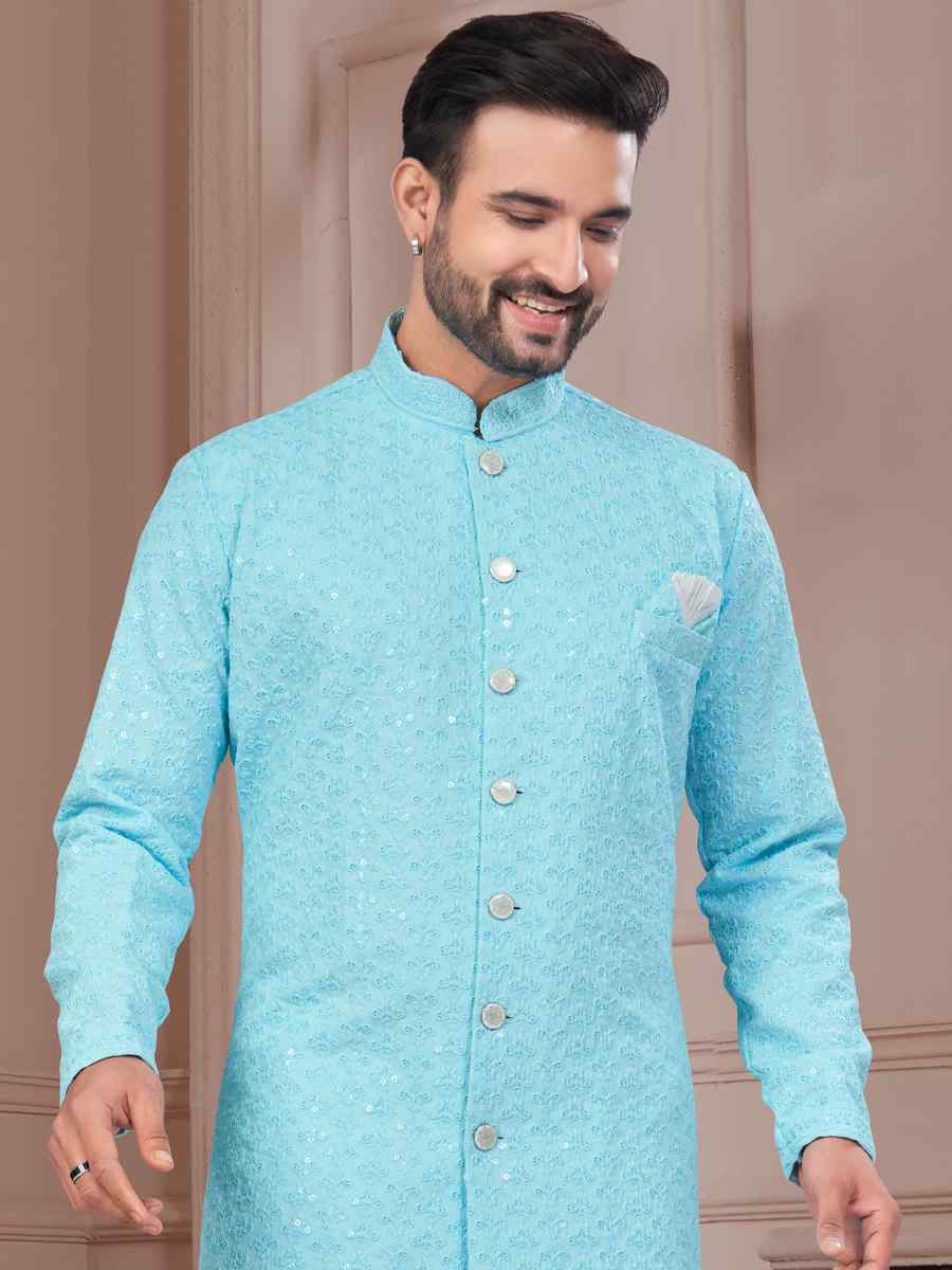 Firozi Silk Dupion Embroidered Festival Wedding Sherwani