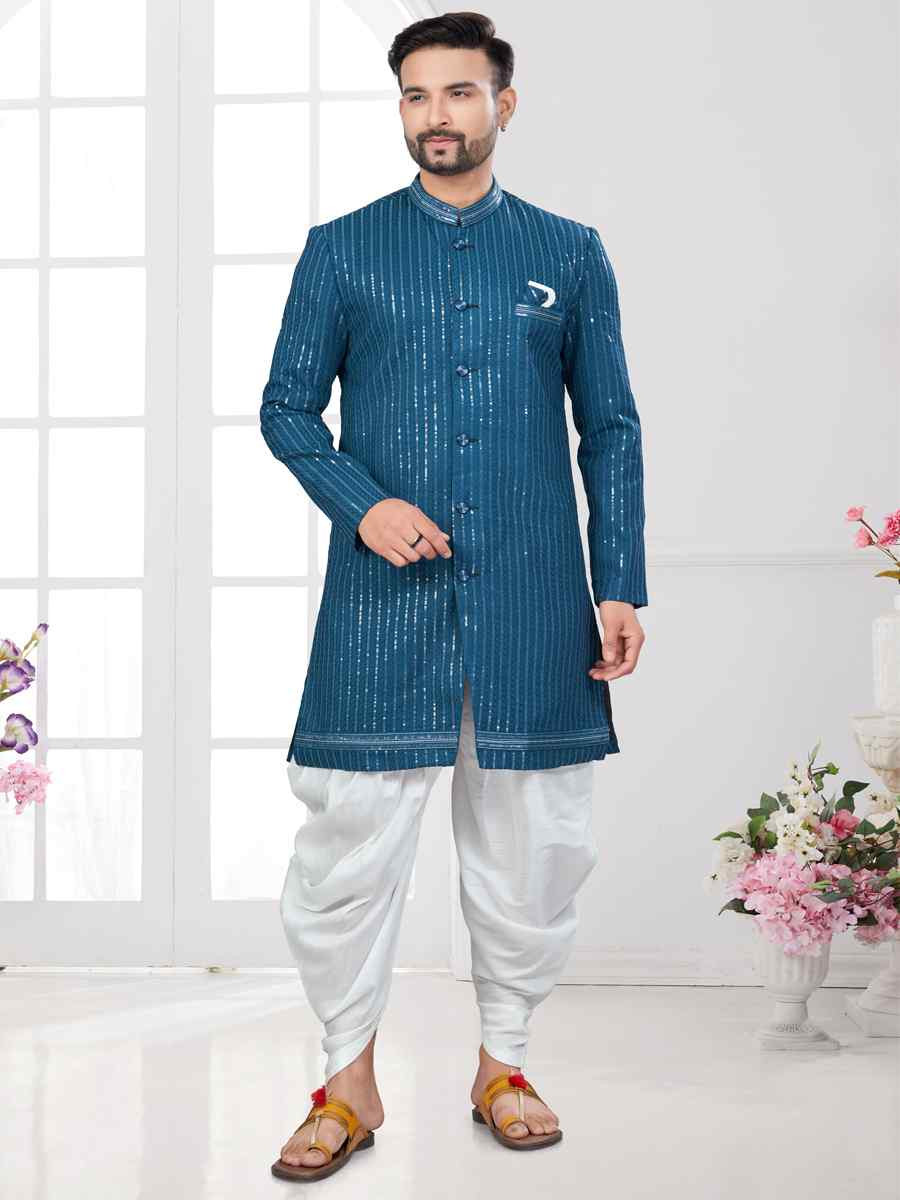 Firozi Silk Dupion Embroidered Festival Wedding Sherwani