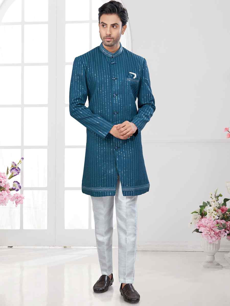 Firozi Silk Dupion Embroidered Festival Wedding Sherwani