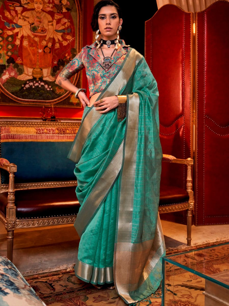 Firozi Silk Handwoven Festival Wedding Heavy Border Saree