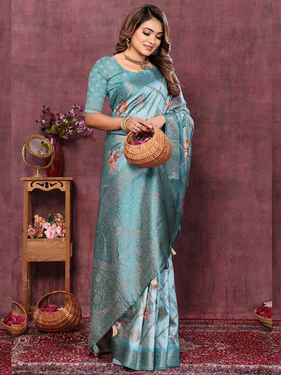 Firozi Silk Handwoven Festival Wedding Heavy Border Saree